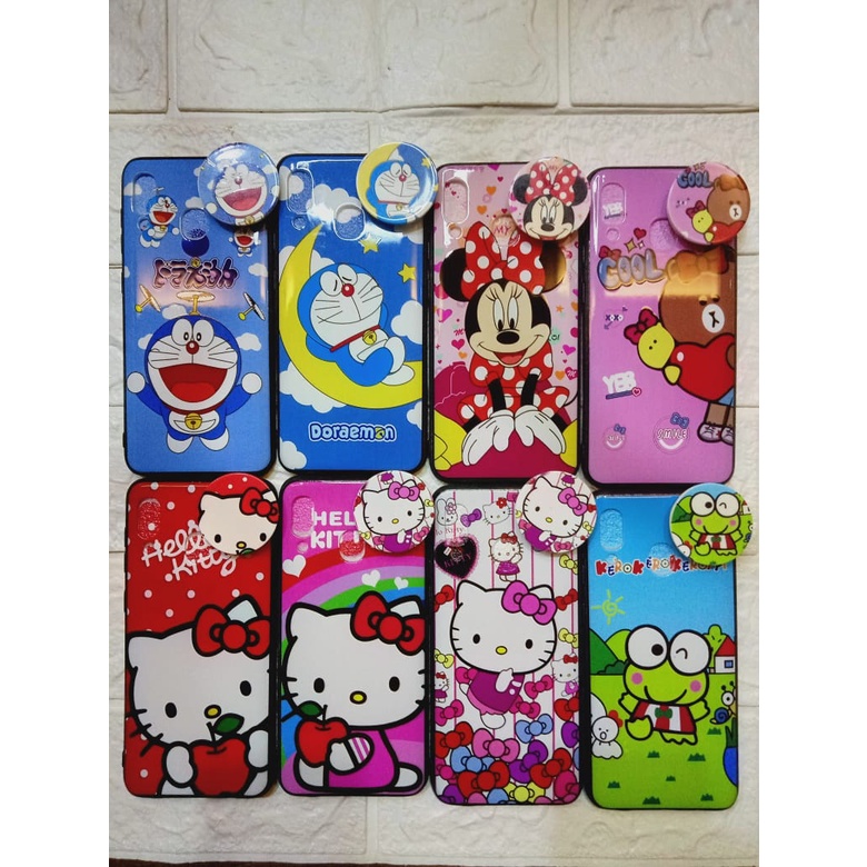 CASE POP SOCKET SAMSUNG A30 MOTIF KARTUN LUCU CUTE DORAEMON PANDA HELLO KITTY