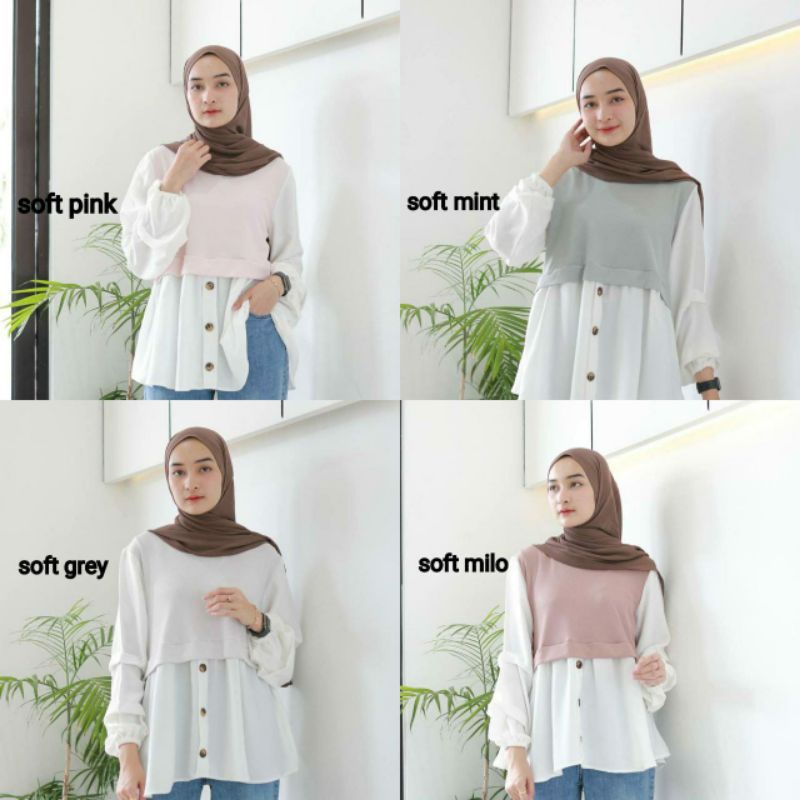 SHAHIA TOP (ld104 pjg 68) - Atasan Blouse Combi Wafer Tangan Balon