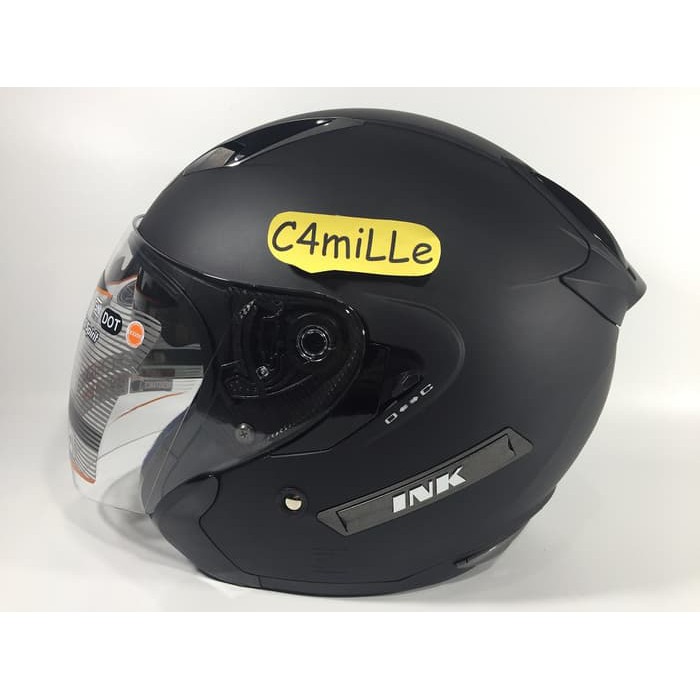 HELM INK METRO SOLID BLACK DOFF DOUBLE VISOR HALF FACE HITAM DOP