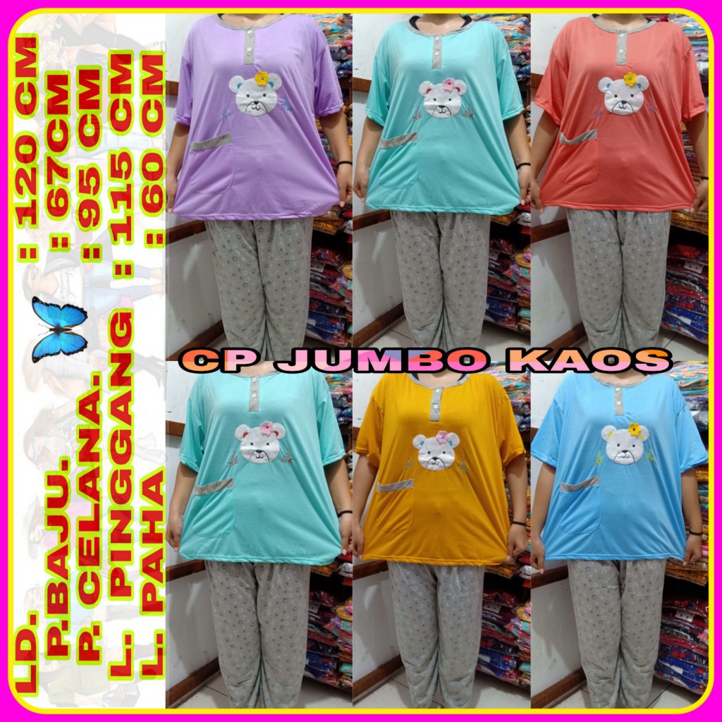 Baju Tidur Wanita dewasa kekinian CP Jumbo Polos bahan kaos serian muda bordir BB MAX 85kg