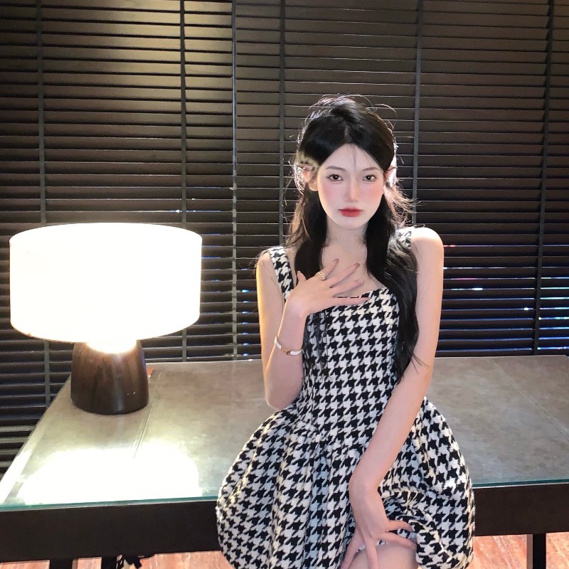 Gaun gaya Korea Houndstooth Perancis suspender gaun wanita off-the-shouldy bengkak rok pendek A-line