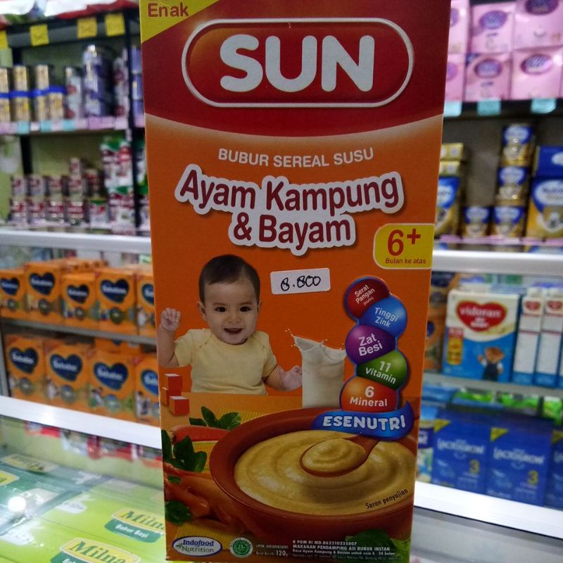 SUN BUBUR SEREAL SUSU 6+ BROKOLI &amp; WORTEL, AYAM KAMPUNG &amp; BAYAM, JERUK,APEL &amp; PISANG, UBI UNGU 120GR