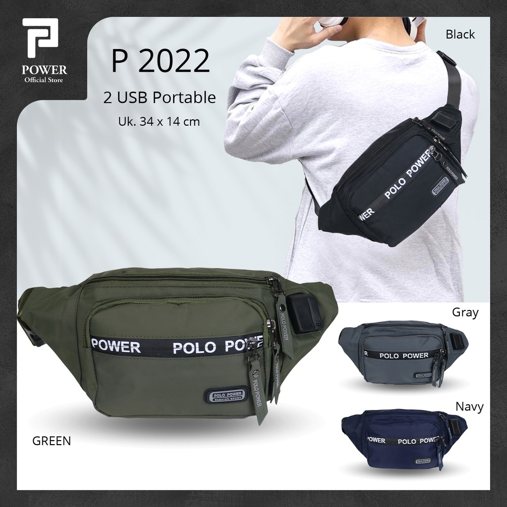 Tas Pinggang Pria Polo Power Waist bag Waterproof Import Tas Slempang Anti Air Sling bag USB Portable Tas Polo Original