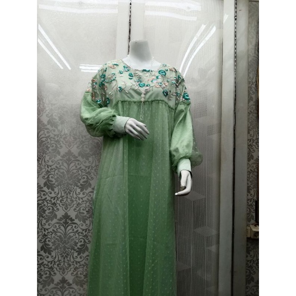 Gamis Tulle bordir. Tulle Brodir.  Gamis kombinasi Tulle Dot. Gamis Pesta