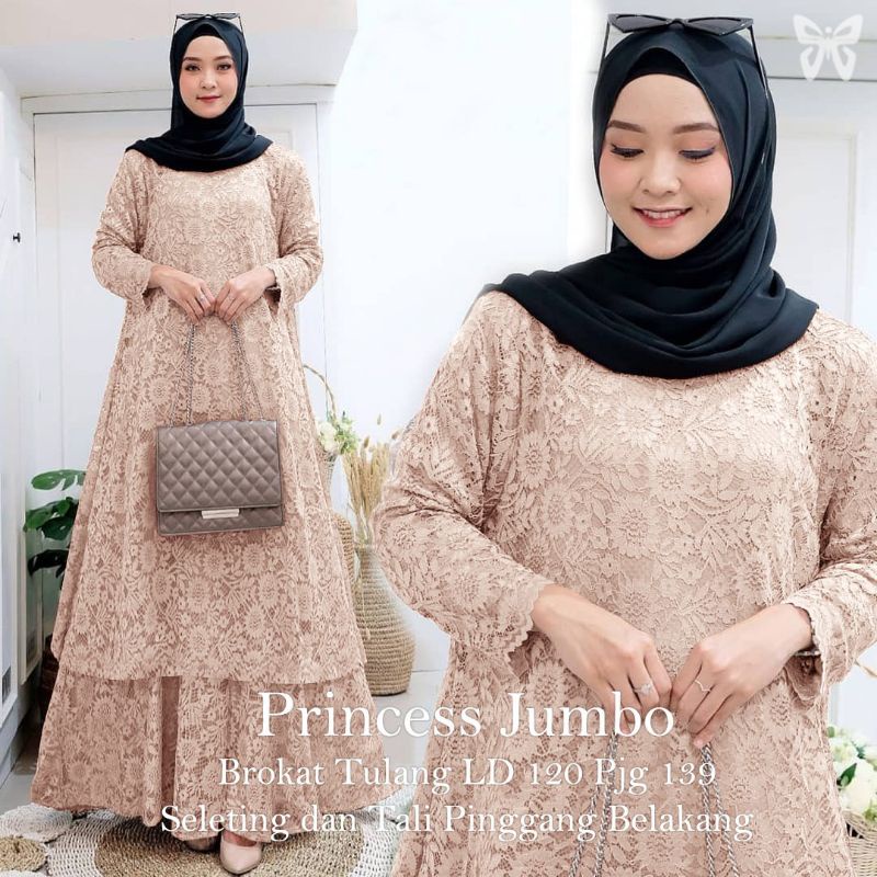 ELDE 5 - Princess Gamis Maxi JUMBO ( L - XL - XXL - XXXL ) Brukat tulang import lapis furing , seleting belakang , ada tali pinggang