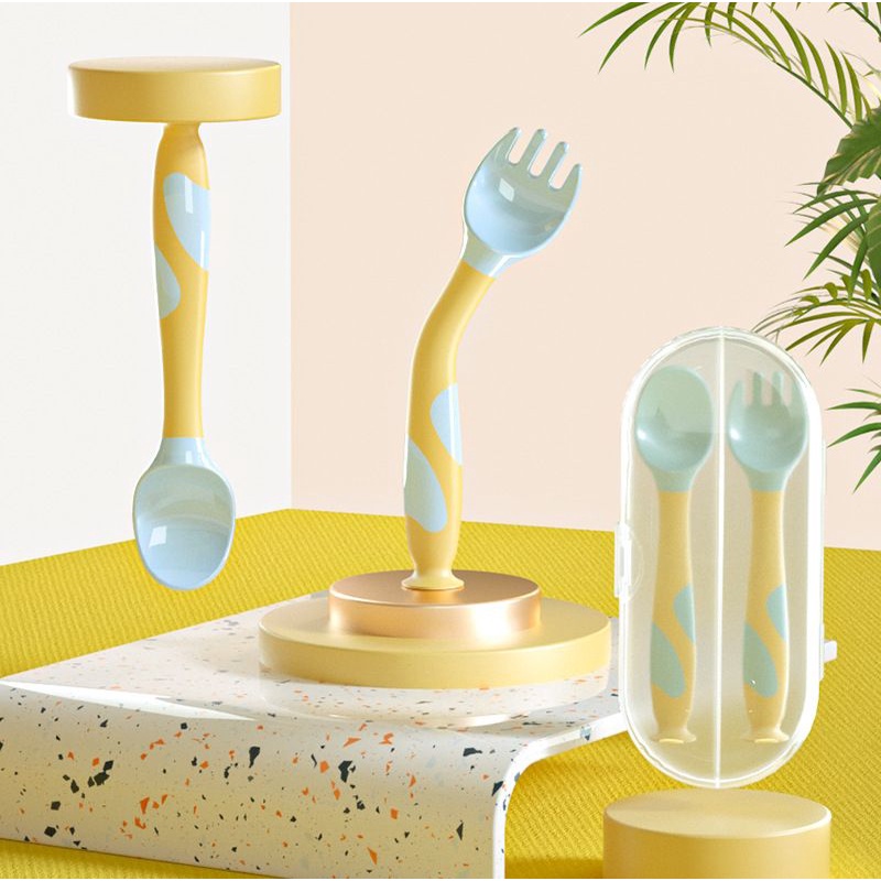 (Ganbaru) SET SENDOK MAKAN ANAK BISA DITEKUK | SUCTION SPOON FORK SET | BABY LEARNING SPOON | SENDOK GARPU FLEKSIBLE MPASI BPA FREE | BABY SPOON FORK FOOD GRADE FREE BOX