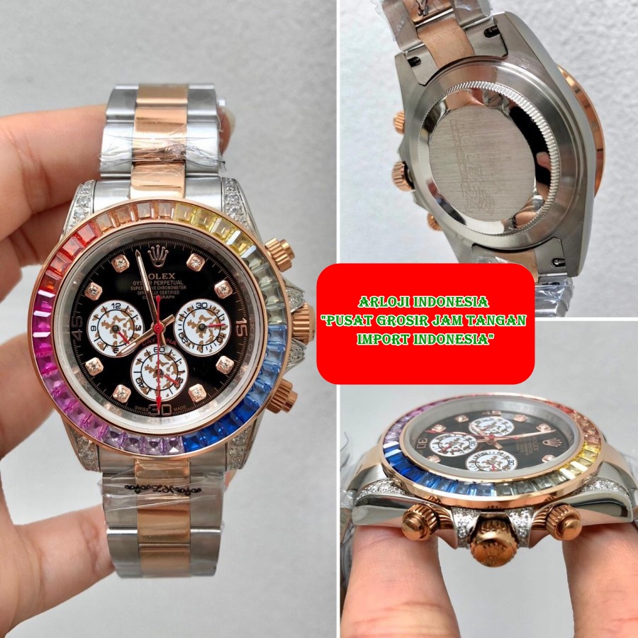 NEW Jam Pria ROLEX Daytona Rainbow Two Tone Rose Garansi 1th