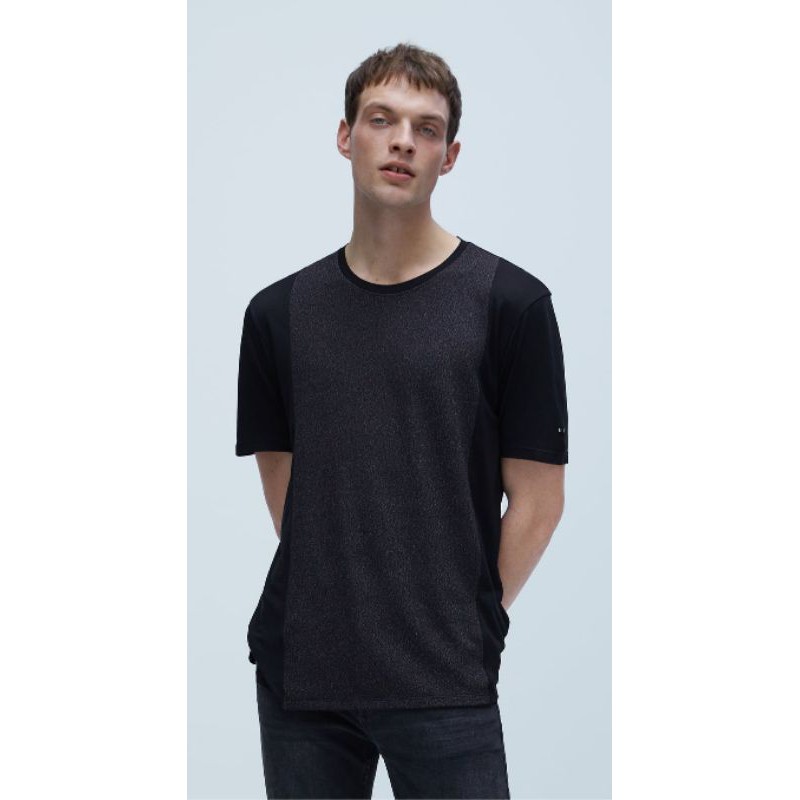 Zara Man Combined Textured T Shirt Kaos Pria Hitam Black ORIGINAL