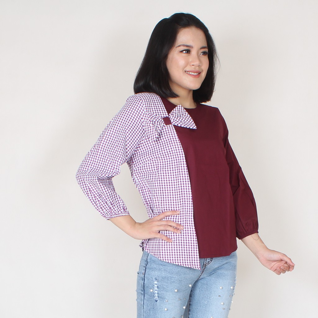VINA BLOUSE KATUN POLOS KOMBINASI KOTAK KOTAK VTA