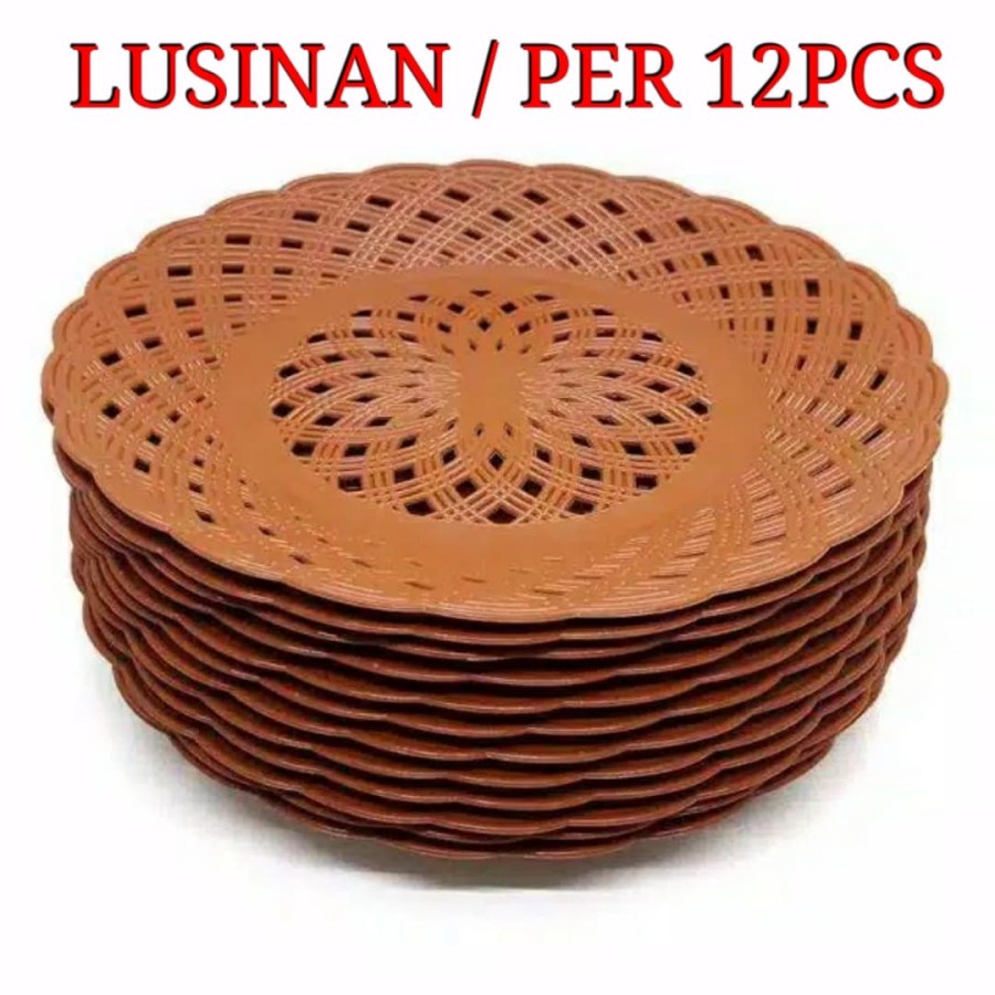 1 LUSIN Piring Rotan Plastik Anyam Lusinan Isi 12 pcs Piring Anyam Coklat Silver