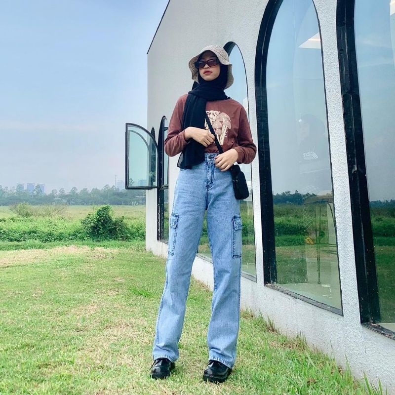 (27-34) SNOWBLUE CARGO HW LOOSE JEANS / CELANA HIGHWAIST SNOW BLUE CARGO JEANS WANITA CEWEK