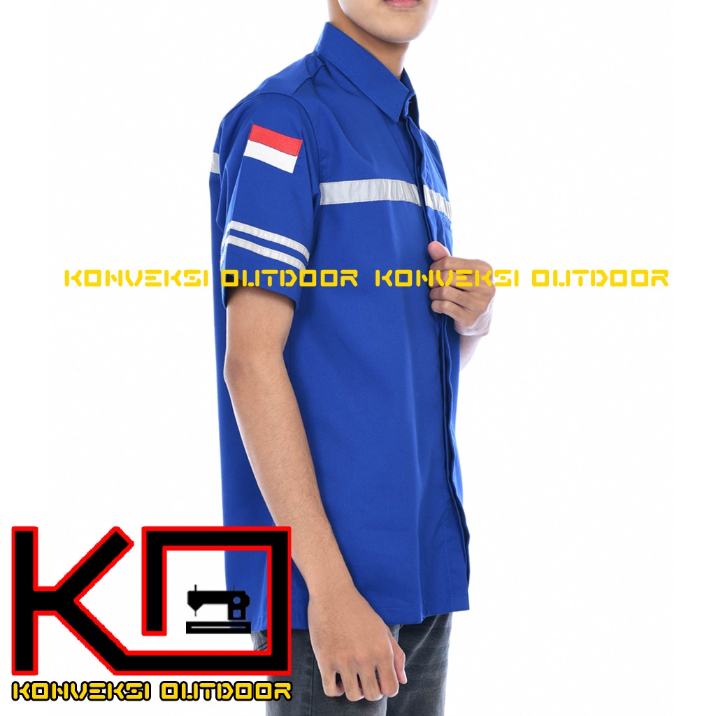 KEMEJA WEARPACK BAJU SAFETY K3 OUTDOOR INDOOR - Seragam Kemeja Kerja Lapangan Lengan Pendek Proyek Bangunan Tambang Alat Berat PLN Enginer Instalasi Mesin werpek sefti Scotlit Warna Biru Konveksi Outdoor