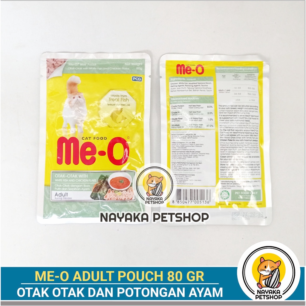 Meo Pouch 80 gr Otak Otak White Fish Chicken Flake Makanan Basah Adult Cat Kucing Dewasa Pakan Ikan Ayam Wet Food