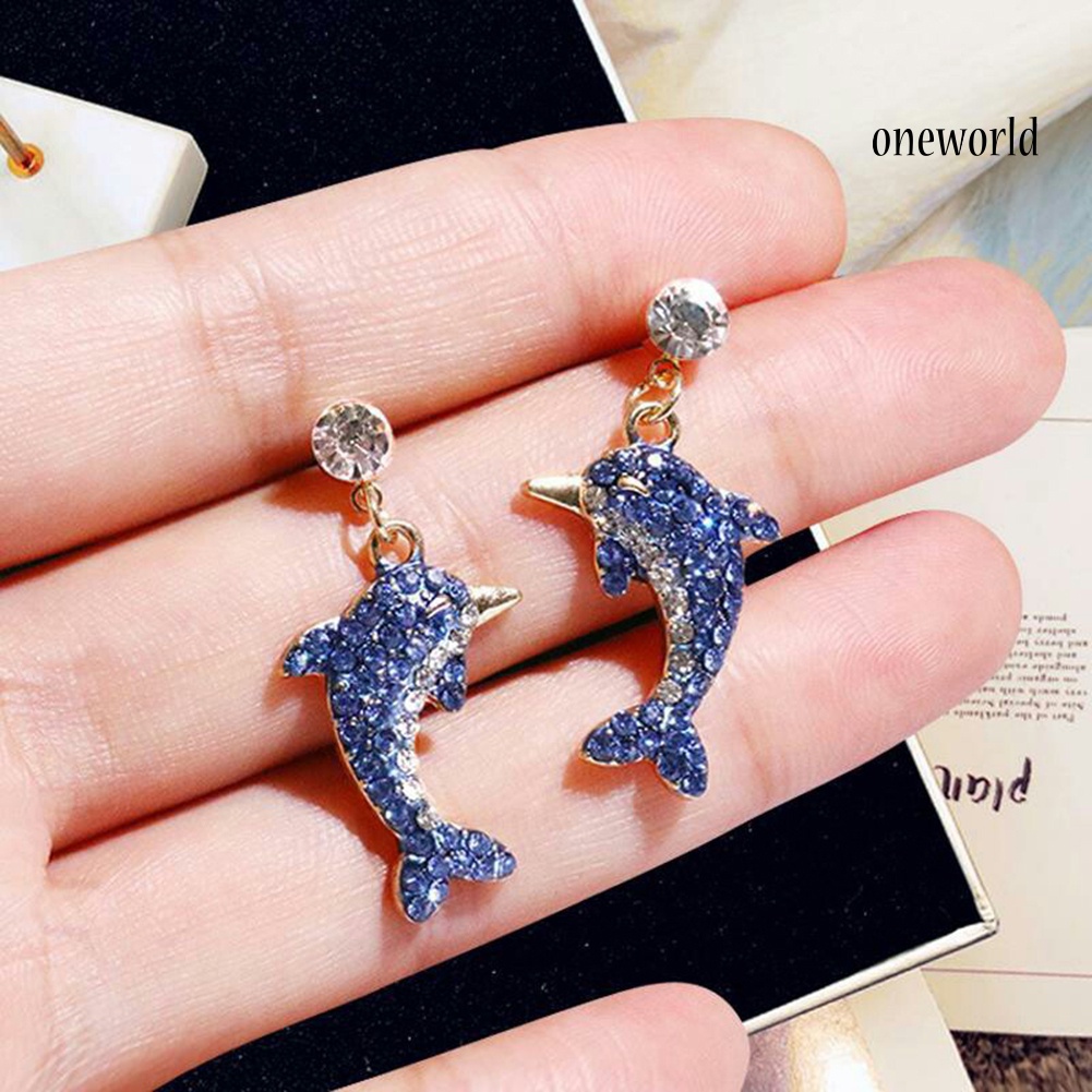 OW@ Cute Dolphin Shape Shiny Full Rhinestone Inlaid Women Stud Earrings Jewelry Gift