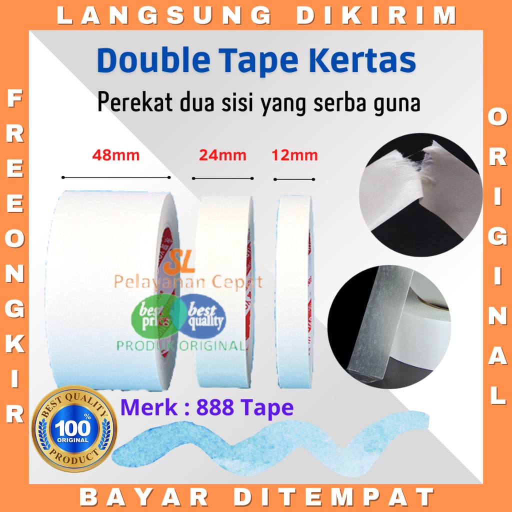 Double Tape Kertas Putih Tisu Duble Side Tape Merk 888 Ukuran 1inchi Mudah Disobek