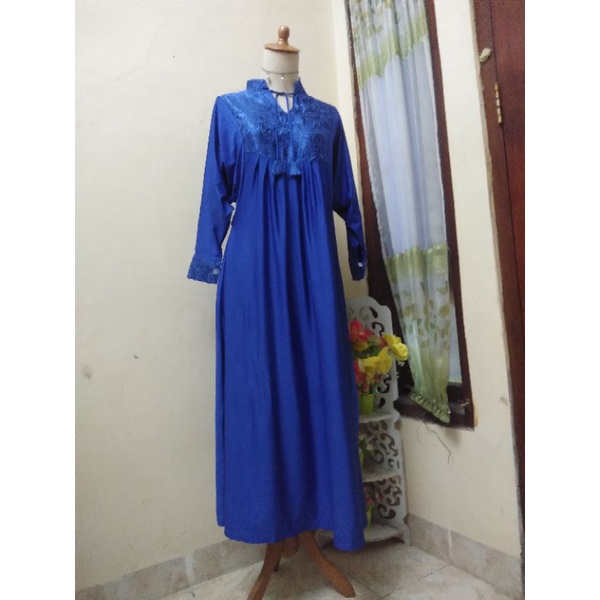 Gamis kaftan pakaian wanita muslim biru elektrik bahan jersey jaguar preloved murah baju wanita beka