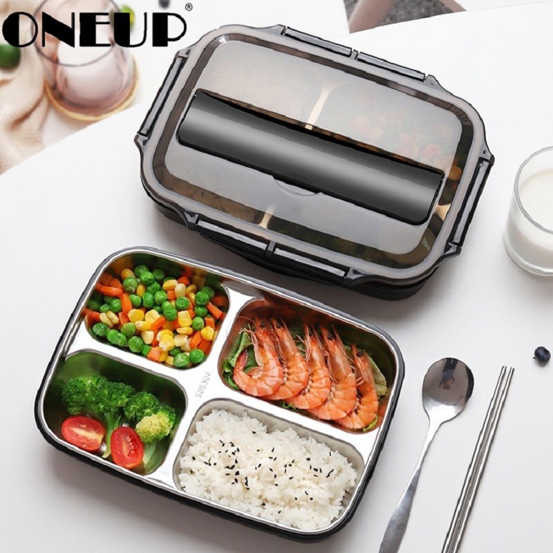 ONEUP Kotak Makan Stainless Steel Healthy Bento Lunch Box 1000ml 3 Grid with Spoon &amp; Chopstick