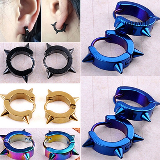 OW@ Unisex Titanium Steel Punk Rivet Ear Studs Spike Hoop Huggie Piercing Earrings