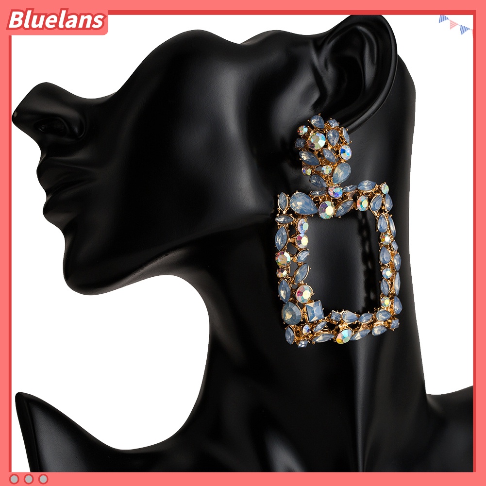 Bluelans Bohemia Women Colorful Rhinestone Hollow Square Charm Statement Stud Earrings