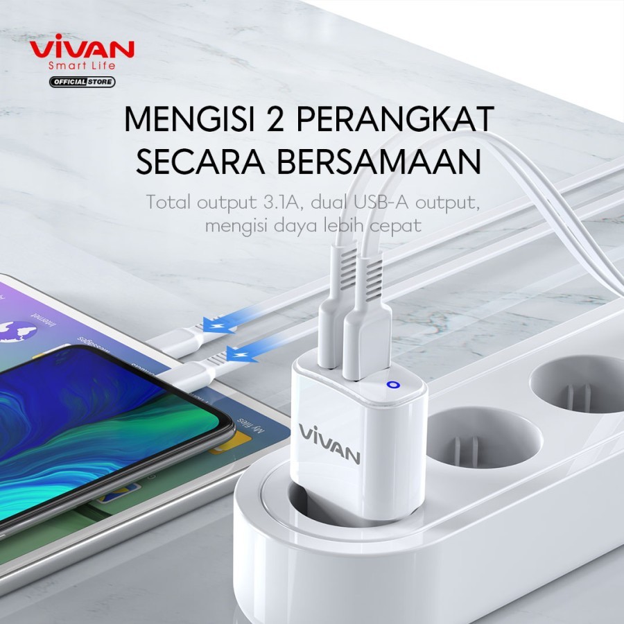 VIVAN VP01 Dual USB Charger Quick Charging 3.1A with Cable (new DD01)