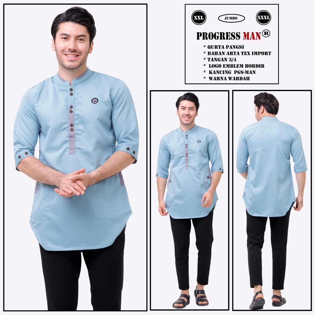 PROGRESS MAN baju koko pria lengan tiga perempat koko kurta pangsi jumbo kemeja koko pria lengan tiga perempat koko kurta pangsi big size baju kurta pangsi dewasa logo bordir Abu Muda P4N9S307