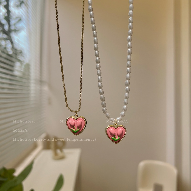 AY(CN) Kalung Rantai Choker Liontin Hati Tulip Pink Hias Mutiara Untuk Wanita