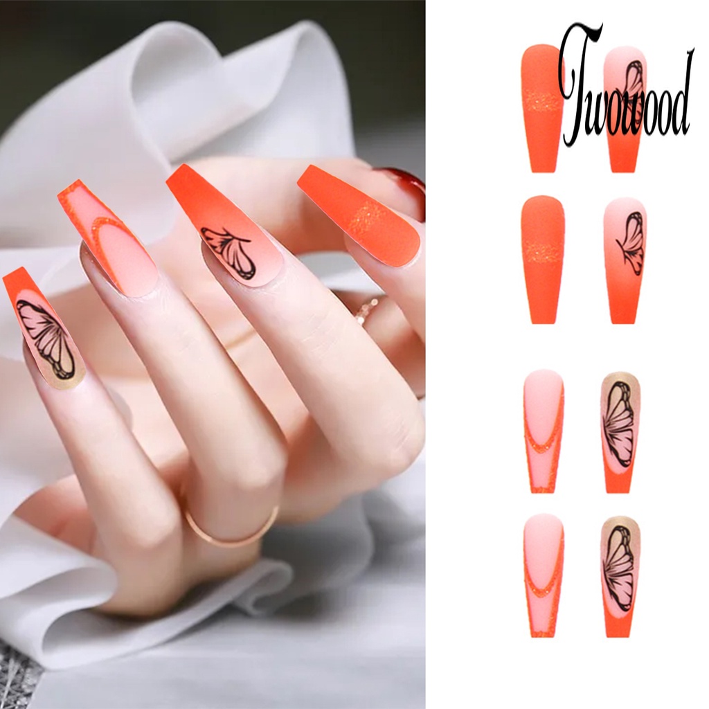 Twowood 24Pcs / Set Kuku Palsu Motif Kupu-Kupu Bahan ABS Tahan Pudar Untuk Nail Art / Manicure