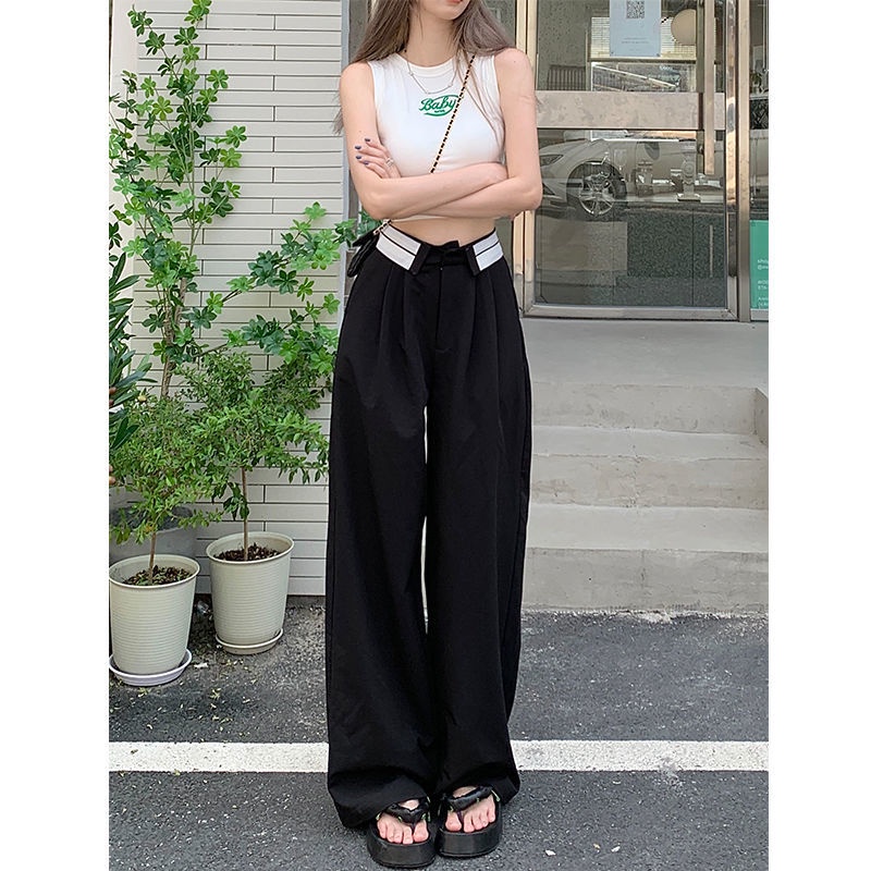 BAOHUAN ~ Korea Hong Kong Abu-abu flanging sesuai dengan lebar kaki celana wanita musim panas pinggang tinggi ruangan mengepel celana kasual celana