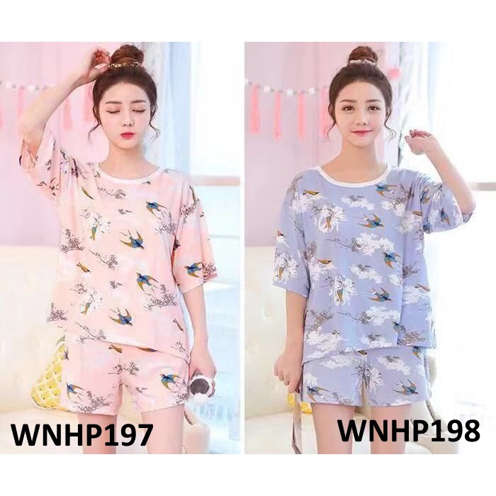 Baju Tidur Wanita Lengan Pendek Celana Pendek Motif Burung - WNHP197 - WNHP198