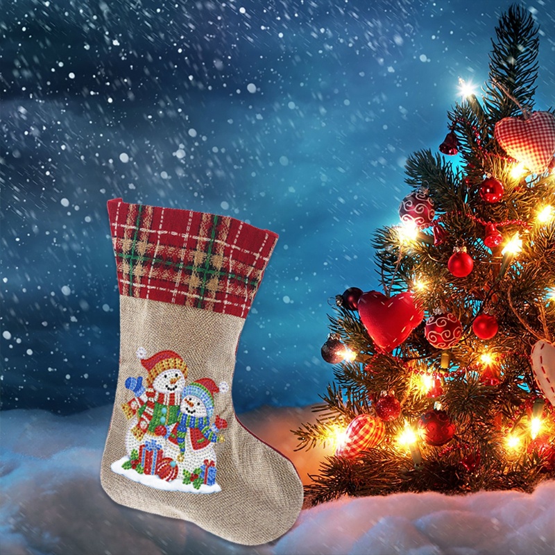 Lukisan Sulaman Berlian 5D Jahitan Bersilang Desain Stocking Snowman Model DIY