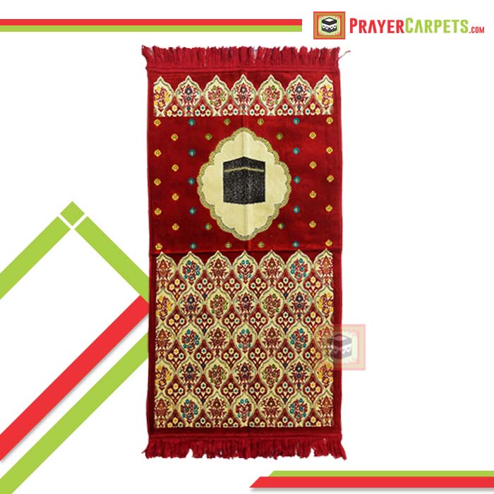 Sajadah Muslim Size 51x102cm Maroon Desain Kakbah Dengan Glitter Emas Motif Dotted Arch