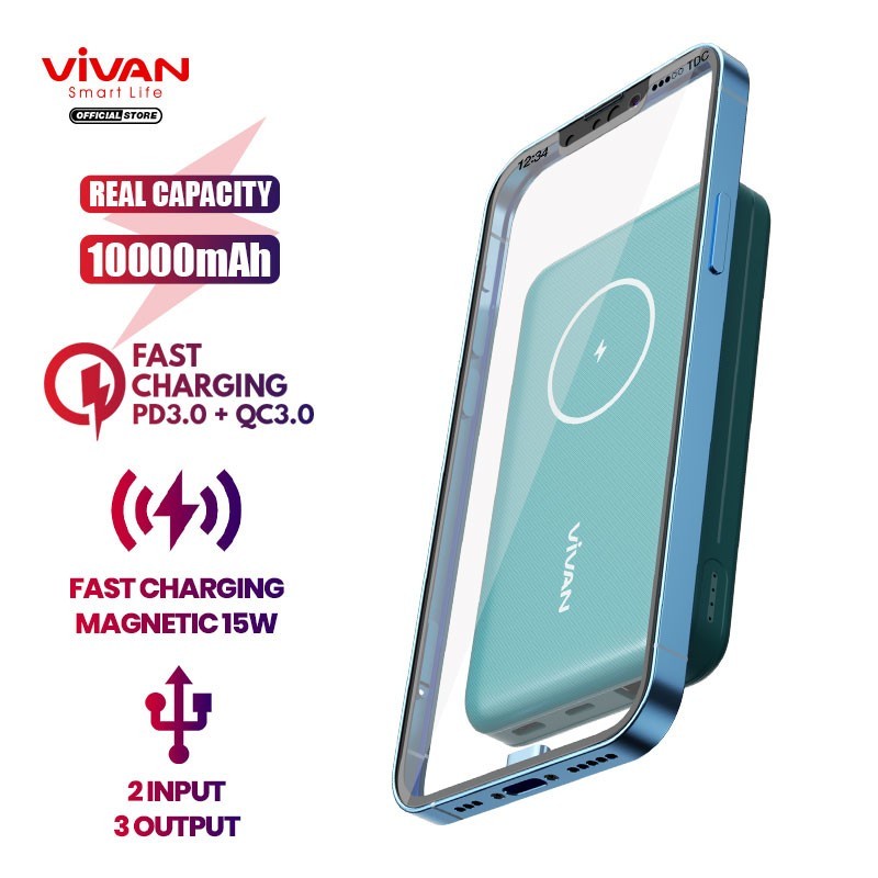 POWER BANK VIVAN 10.000MAH 2 INPUT 3 OUTPUT VPB-W12 QC 3.0 MAGNETIC