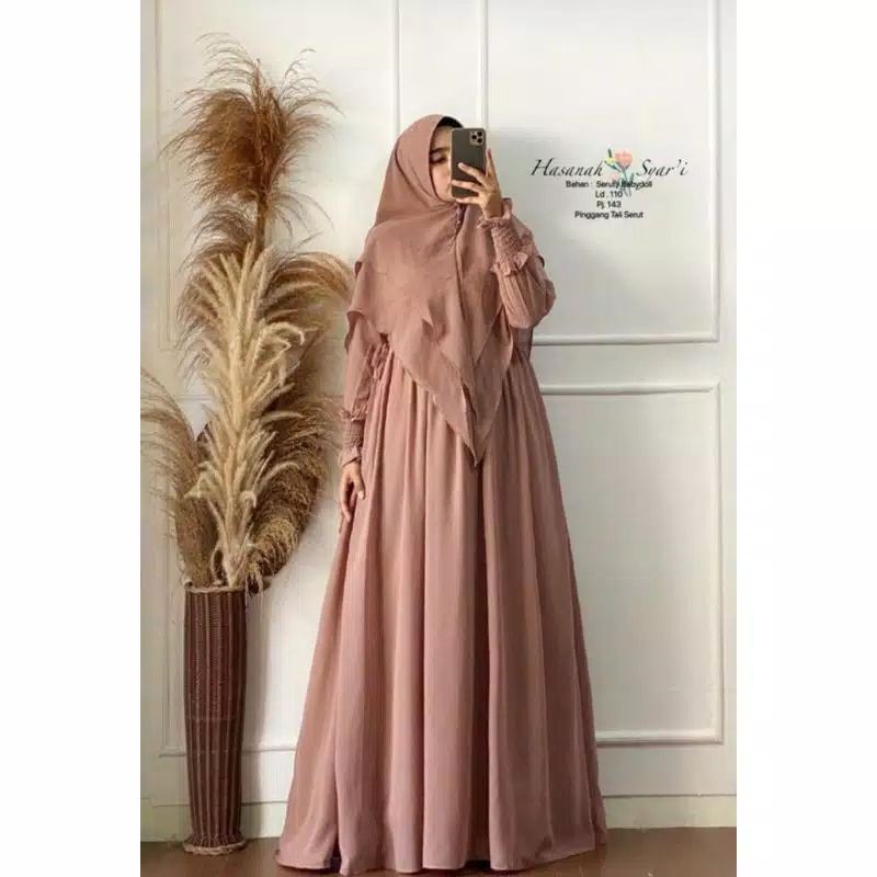 Gamis syari hasanah bahan ceruty baby doll premium full furing / busui / resleting-Milo soft