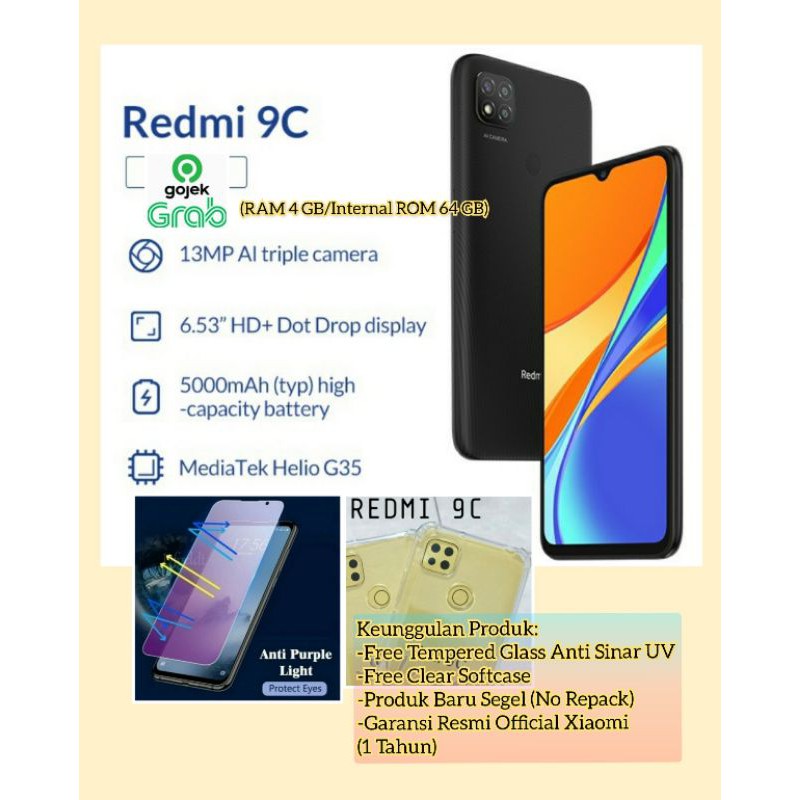 Xiaomi Redmi 9C (4 GB/64 GB) Original Baru Segel Garansi Resmi (Free Bonus)