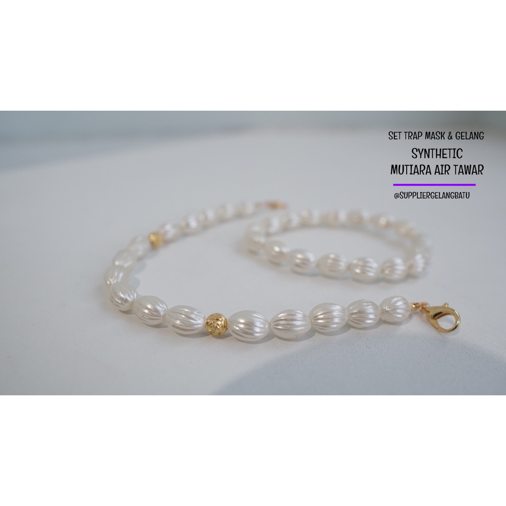 1 set STRAP MASK dan GELANG Mutiara Sintetis OVAL ULIR 10MM WHITE mote