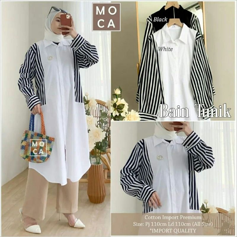Bain Tunik black white long tunic bahan Katun import premium fit to XXL LD110 hitam putih kombinasi