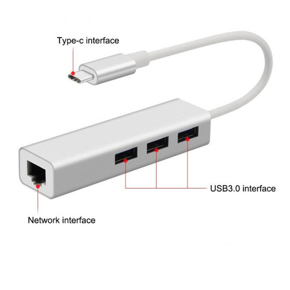 USB Type C Gigabit Lan Adapter RJ45 with 3 Port USB Hub 3.0 - TCH-3S - Silver