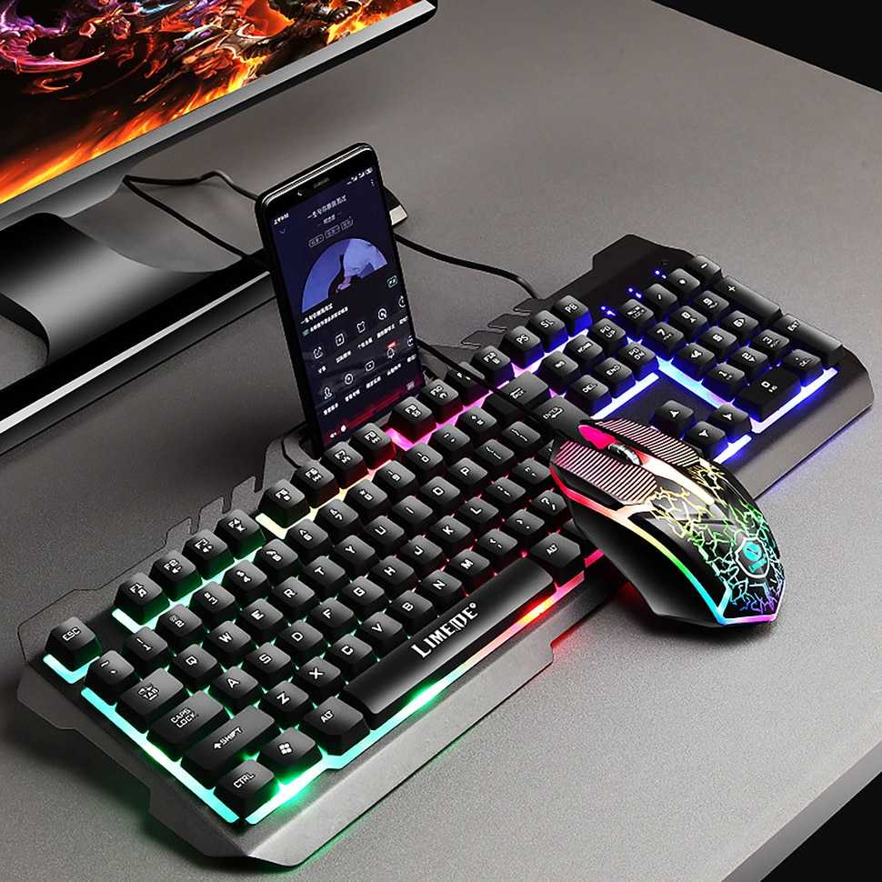 Combo Keyboard Gaming RGB with Mouse + Holder Smartphone / Keyboard Gaming Silent Rgb Mouse Ph Wireless Lipat / Paket Keyboard gaming Mouse Mechanical Non Wireless / Set Gaming Mouse dan Keyboard USB Cable RGB White Murah Original