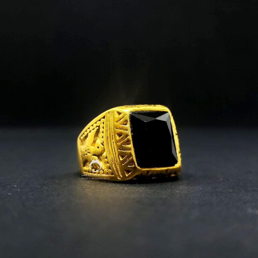 Cincin Pria Titanium Anti Karat Warna Gold Black Onyx Asli Original