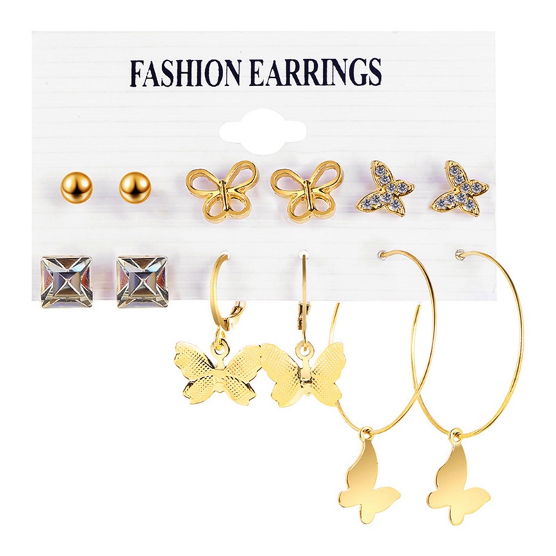 Fancyqube 6 Pasang / Set Anting Stud Liontin Kupu-Kupu Lingkaran Rumbai Mutiara Gaya Bohemian Untuk Wanita