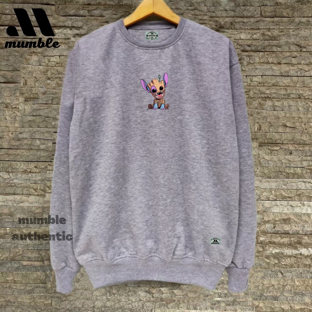 MUMBLE Sweater Pria Oversize Crewneck Sablon Kartun Stitch Abu Misty Distro Cewek Cowok Brand Lokal Suiter Sablon Print Kasual Street Style Krunek