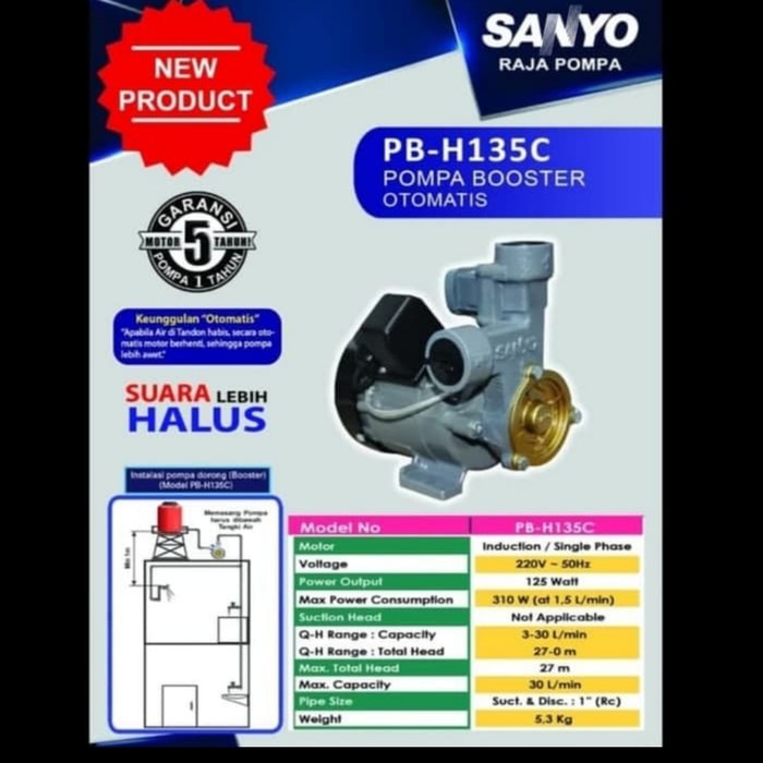 SANYO PB-H135C / PBH135C Mesin Pompa Pendorong Air Otomatis - Booster Pump