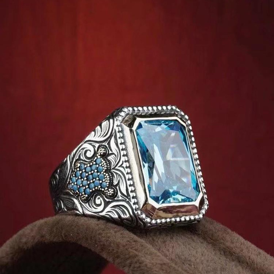 Aquamarine Sterling Perak Cincin Kristal Vintage Baja Titanium Fashion Pria Punk Rings