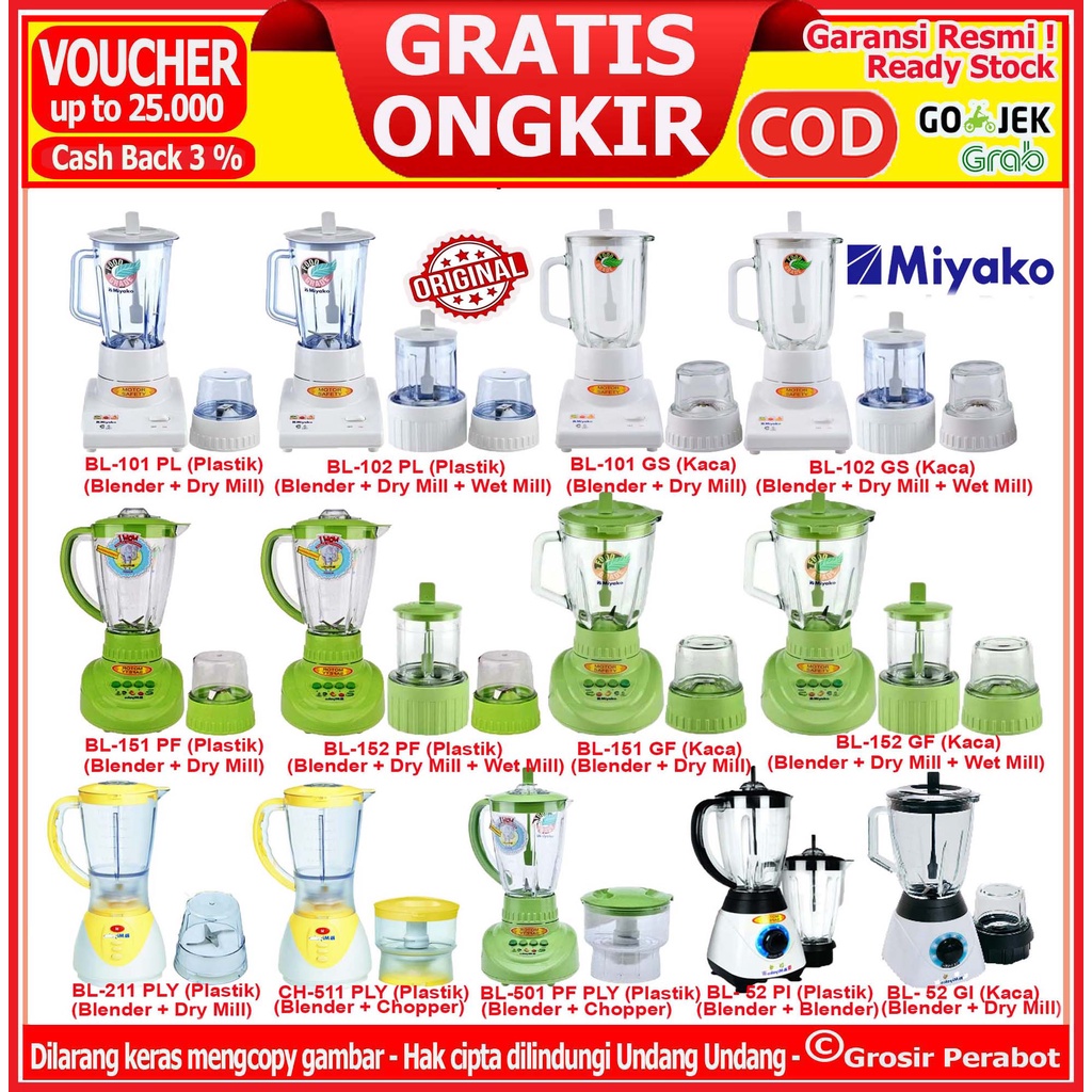 Blender Miyako Plastik Kaca 2 in 1 3 in 1 2in1 3in1 1 Liter 1.5 Liter 2 Liter Blender Belender Blander Miyako  Plastik Kaca BL 101 102 PL GS 151 152 PF GF CH 501 PF 211 PLY 5 CH 11 PLY 52 PI GI BL 301 PL PLW GSG 302 GSG Original Terbaru