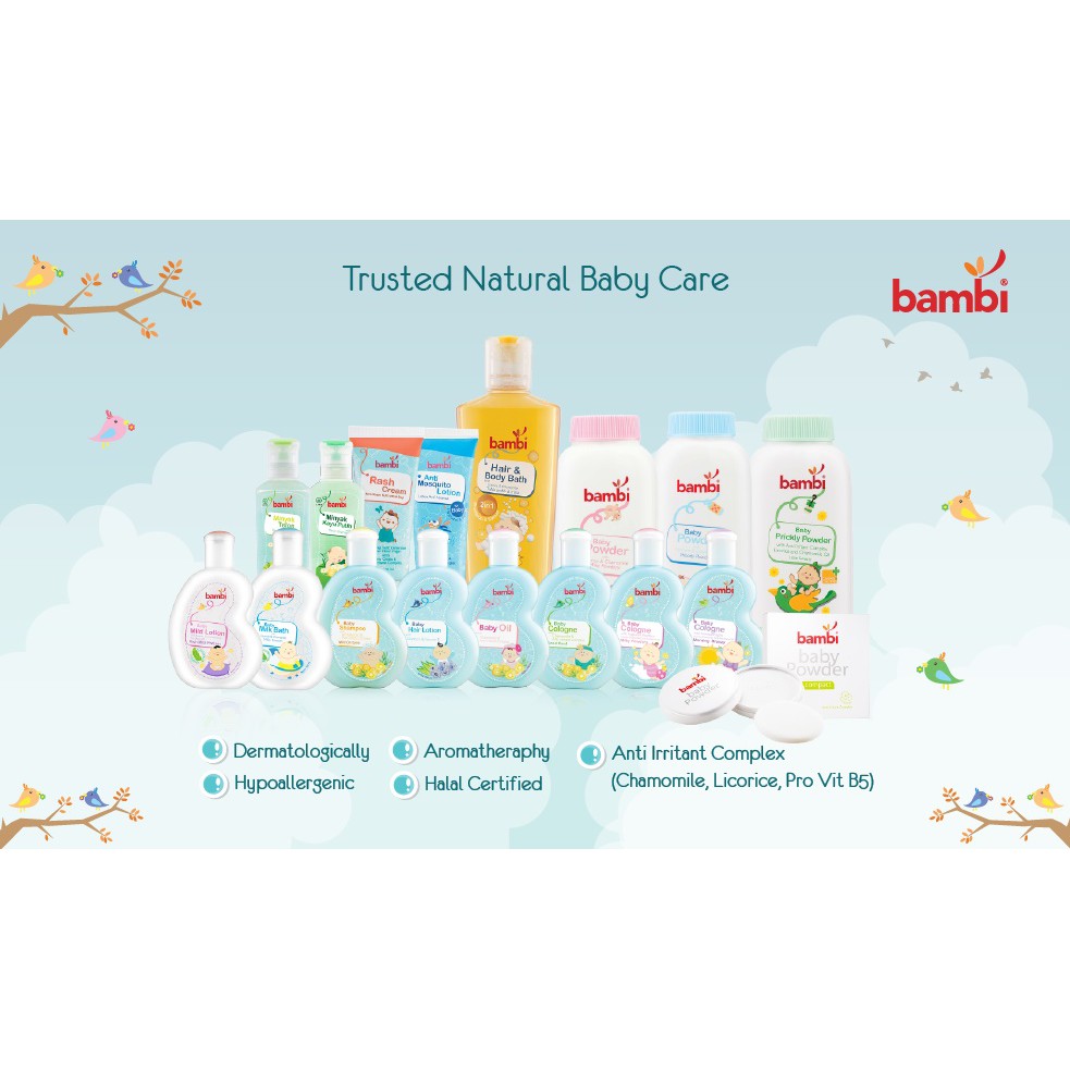 Bambi Baby Care Cologne / Compact Powder / Hair Lotion / Anti Mosquito / Face Cream / Diaper / Prickly Powder / Mild Lotion / Sunscreen / Mom Anti Stretchmark / Minyak Wangi Bayi 100 ml CBKS