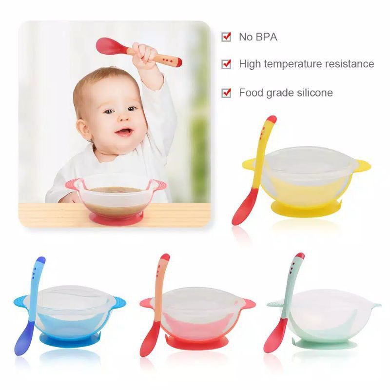 Mangkok Anti Tumpah Sendok Sensor Panas Set Mangkok MPASI Set Makan Bayi