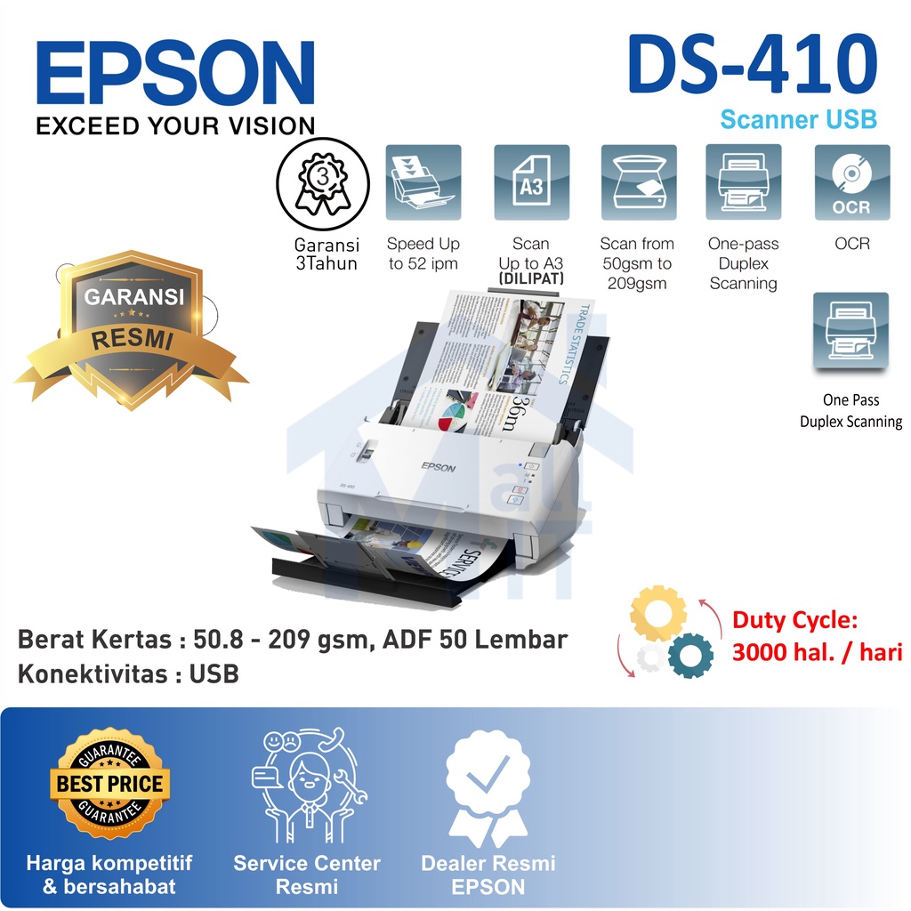 SCANNER EPSON DS-410 EPSON DS410 DS 410 SCAN UP TO A3 STITCH GARANSI RESMI