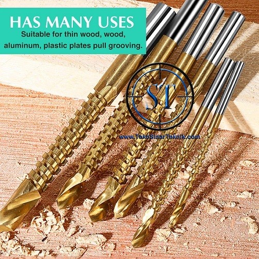 Mata Bor Potong Gergaji Lapis Titanium Couted 1 Set isi 6 Pcs Variasi Ukuran 3-8mm Cocok Untuk kayu Aluminium Plastik Akrilik.