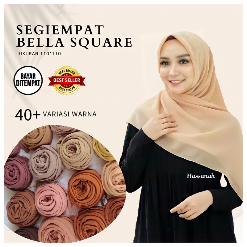 Bella Square Polos Premium Hijab Segi Empat Polos - Jilbab Muslim Bela Squer Kerudung Murah Bella Kerudung Terbaru - Warna Lengkap - Hassanah