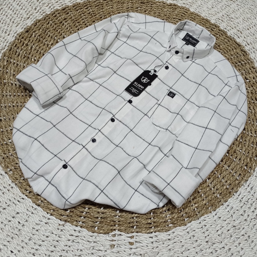 Kemeja Flanel motif kotak lengan panjang slim fit pria long sleeve Coklat garis biru